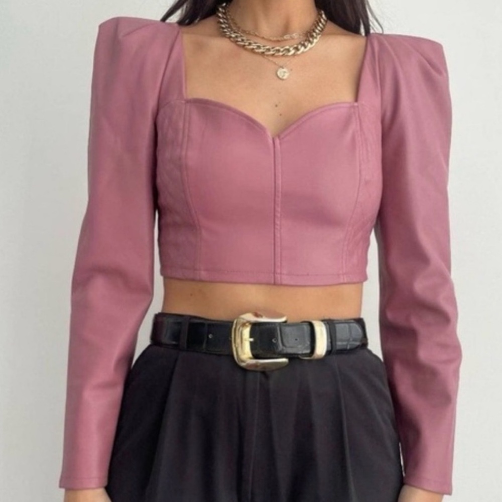Zara  Mauve Long Sleeve Faux Leather Puff Sleeve Crop Top Size M